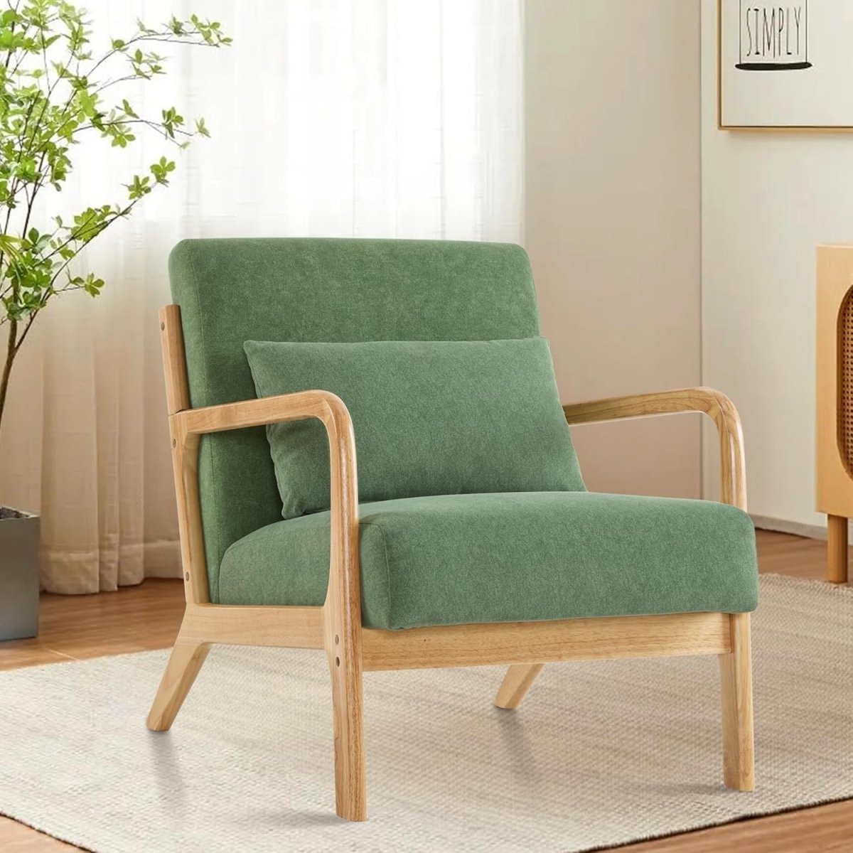 Mid Century Accent Chair Armchair Upholstered Wood Frame Green - Kwikley