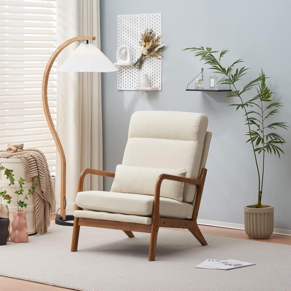 Mid Century Accent Chair High Back Armchair Beige Fabric - Kwikley