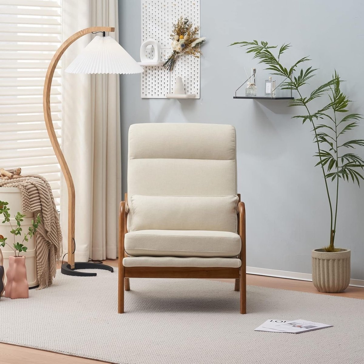Mid Century Accent Chair High Back Armchair Beige Fabric - Kwikley