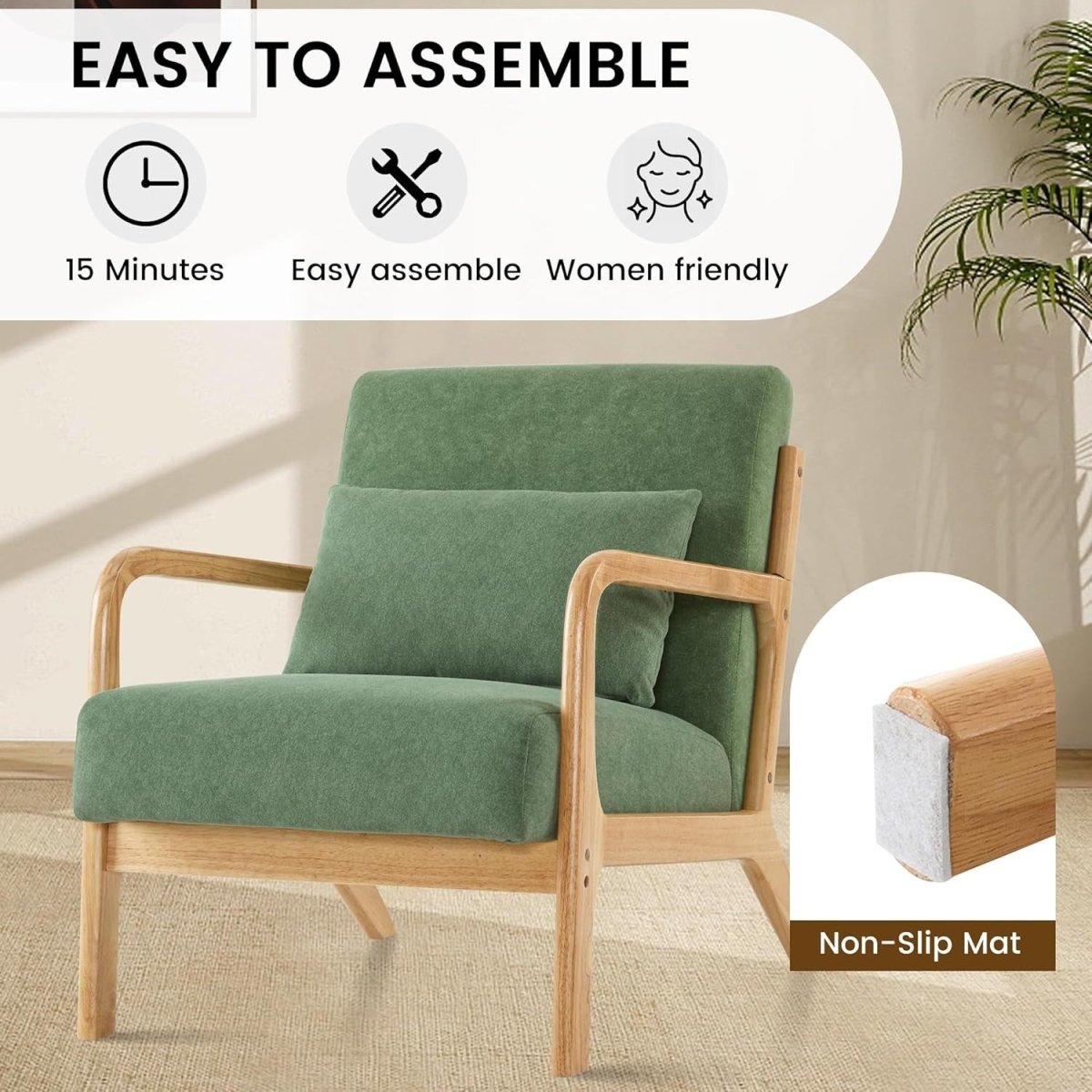 Mid Century Accent Chairs Set of 2 Upholstered Armchairs Green - Kwikley