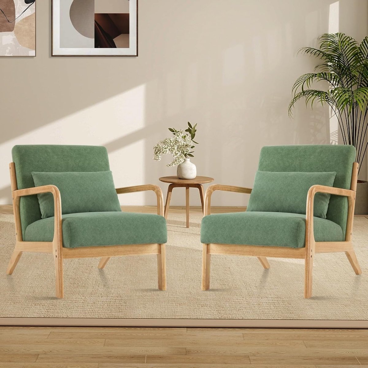 Mid Century Accent Chairs Set of 2 Upholstered Armchairs Green - Kwikley
