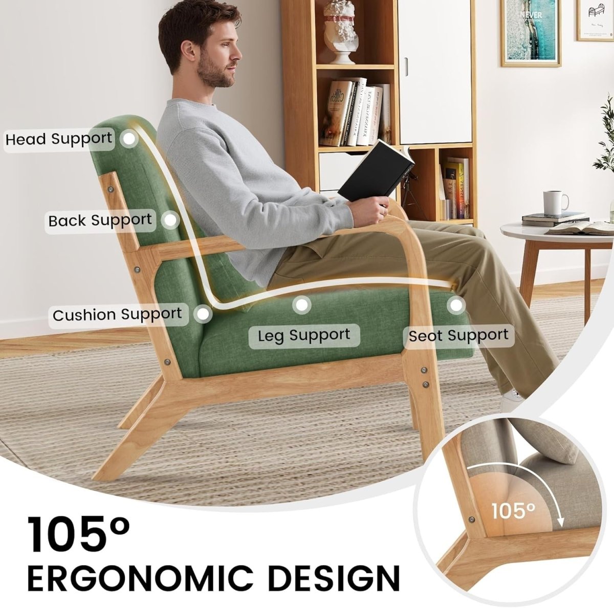 Mid Century Accent Chairs Set of 2 Upholstered Armchairs Green - Kwikley