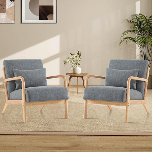 Mid Century Accent Chairs Set of 2 Upholstered Armchairs Grey