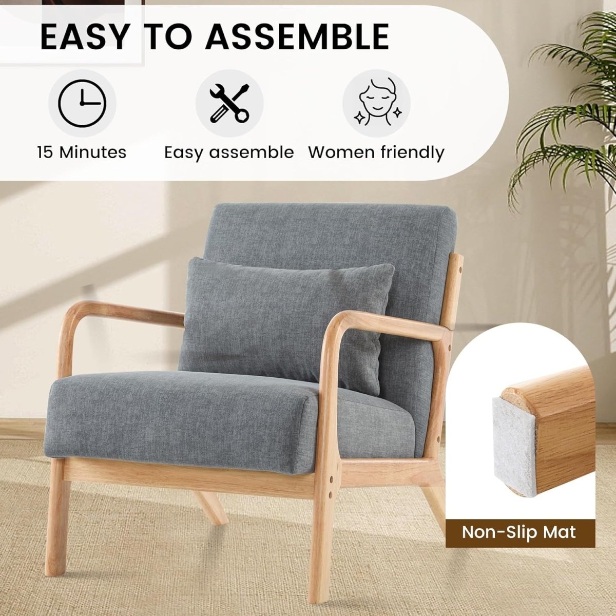 Mid Century Accent Chairs Set of 2 Upholstered Armchairs Grey - Kwikley