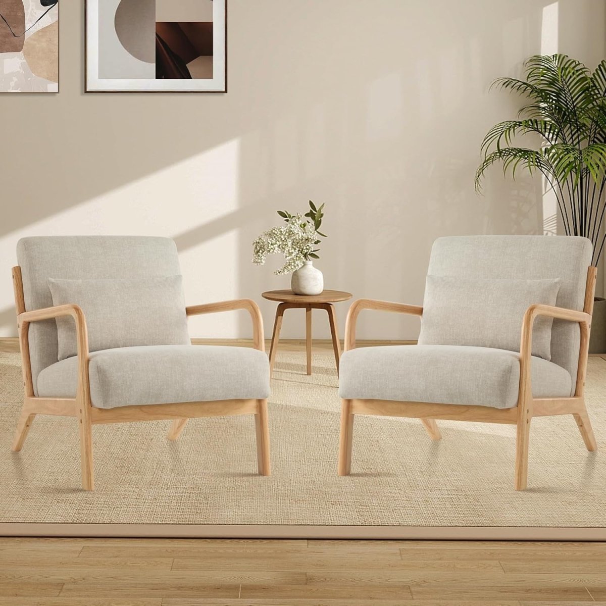 Mid Century Accent Chairs Set of 2 Upholstered Armchairs Light Grey - Kwikley