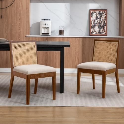 Mid - Century Dining Chairs Set of 2 Linen Upholstered Wooden Kitchen Seats - Kwikley