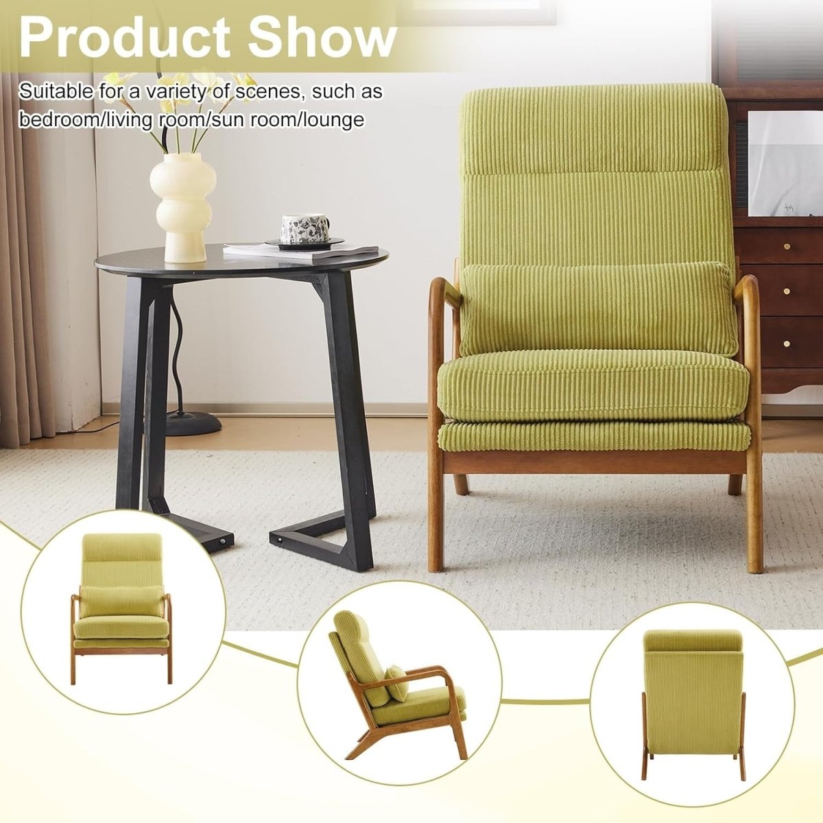Mid Century High Back Accent Chair Corduroy Armchair Green - Kwikley
