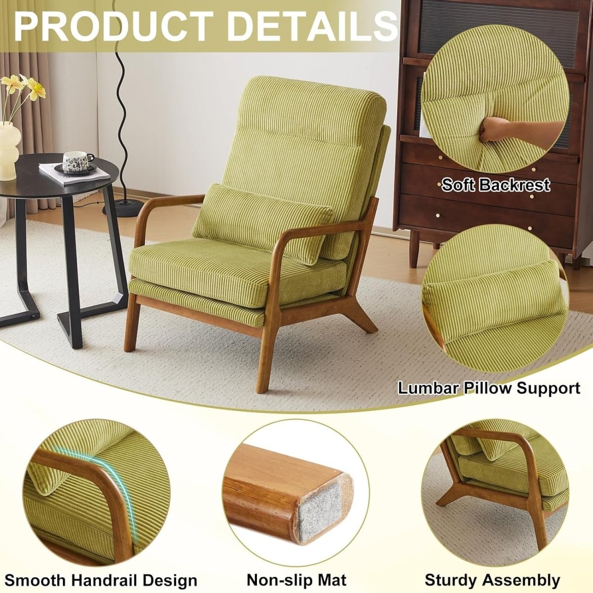 Mid Century High Back Accent Chair Corduroy Armchair Green - Kwikley