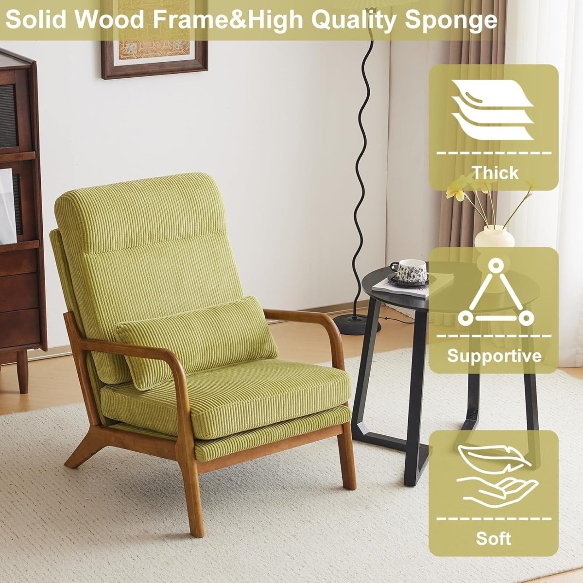 Mid Century High Back Accent Chair Corduroy Armchair Green - Kwikley