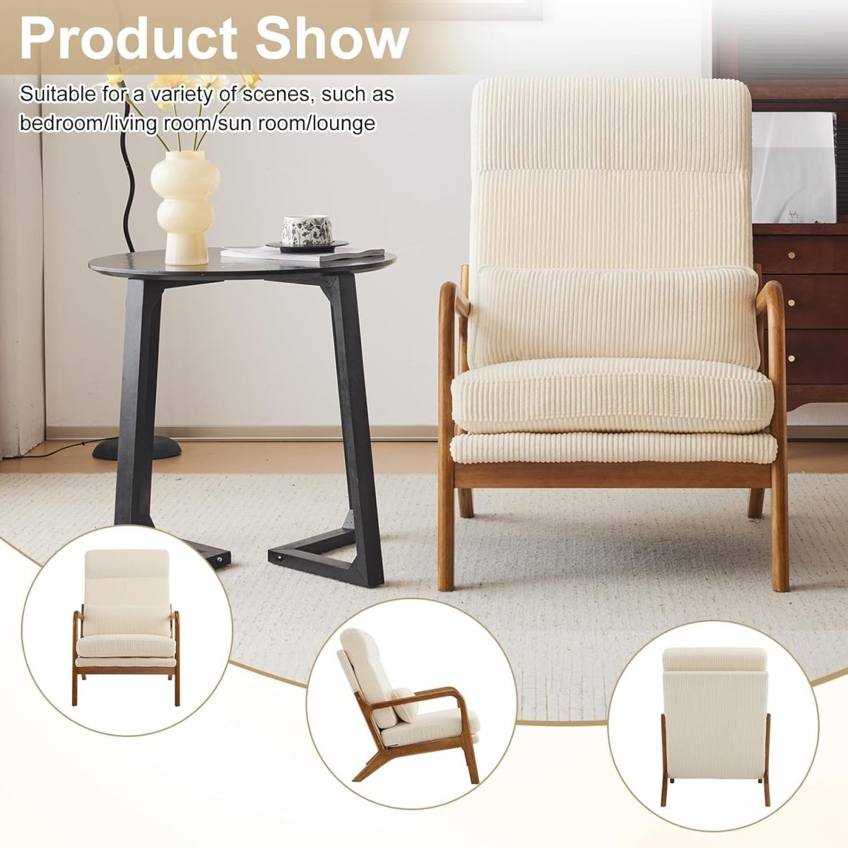 Mid Century High Back Accent Chair Corduroy Beige Armchair - Kwikley