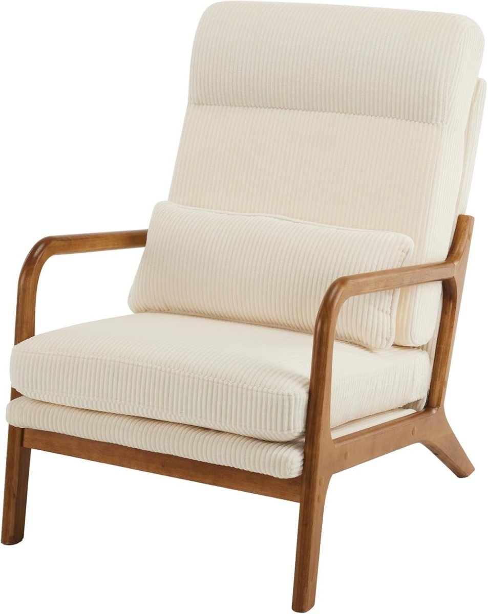Mid Century High Back Accent Chair Corduroy Beige Armchair - Kwikley