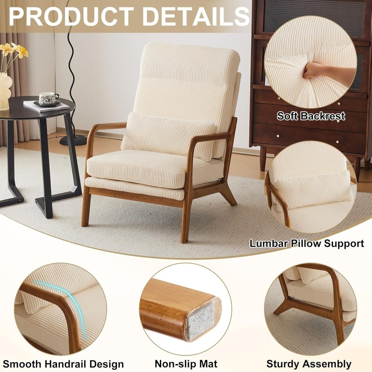 Mid Century High Back Accent Chair Corduroy Beige Armchair - Kwikley