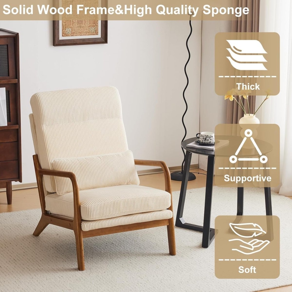 Mid Century High Back Accent Chair Corduroy Beige Armchair - Kwikley