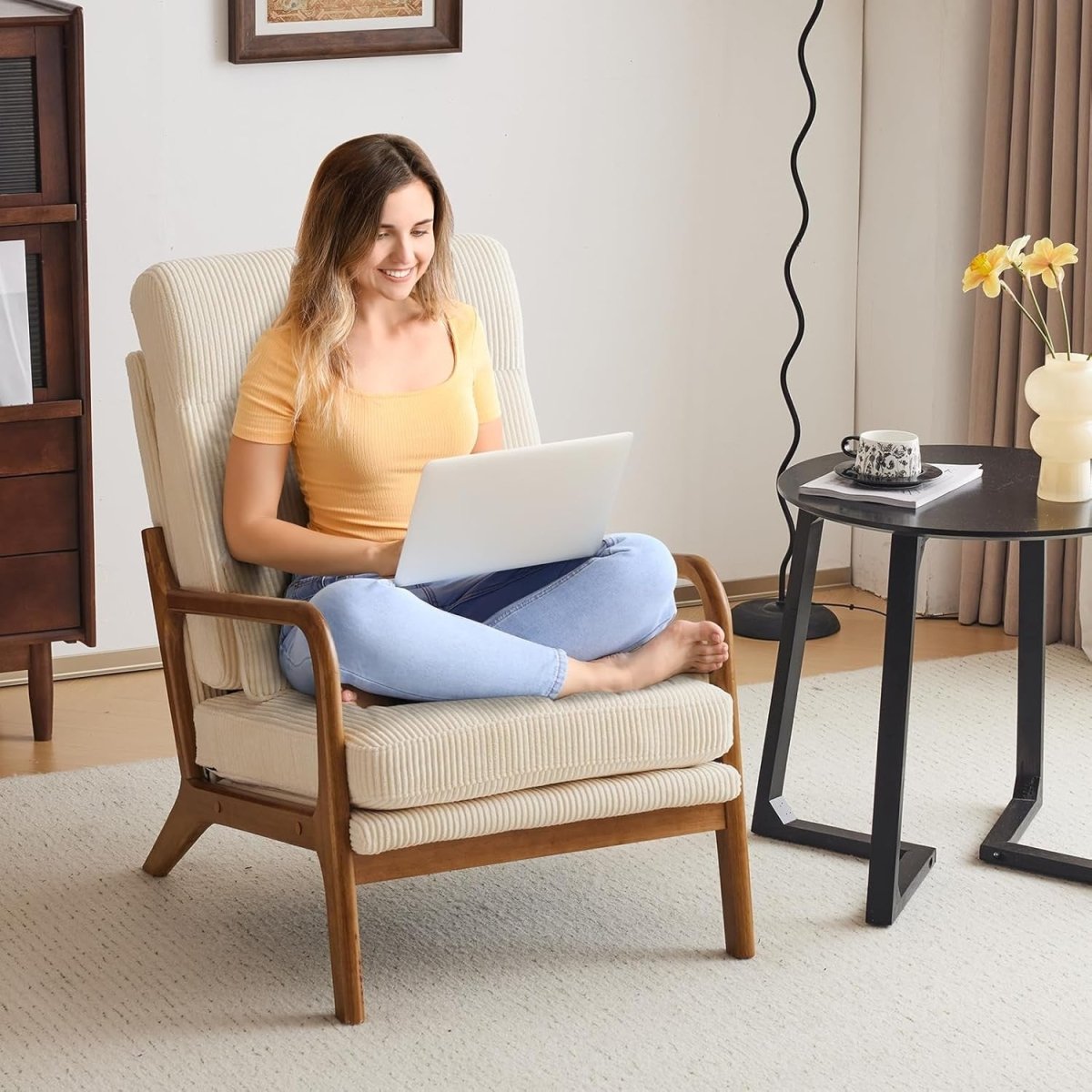 Mid Century High Back Accent Chair Corduroy Beige Armchair - Kwikley