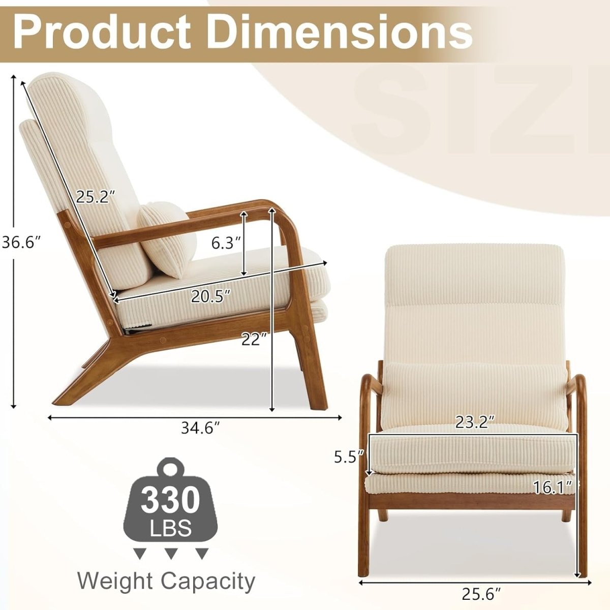 Mid Century High Back Accent Chair Corduroy Beige Armchair - Kwikley