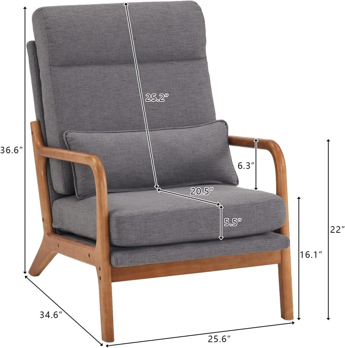 Mid Century High Back Accent Chair Grey Fabric Armchair - Kwikley