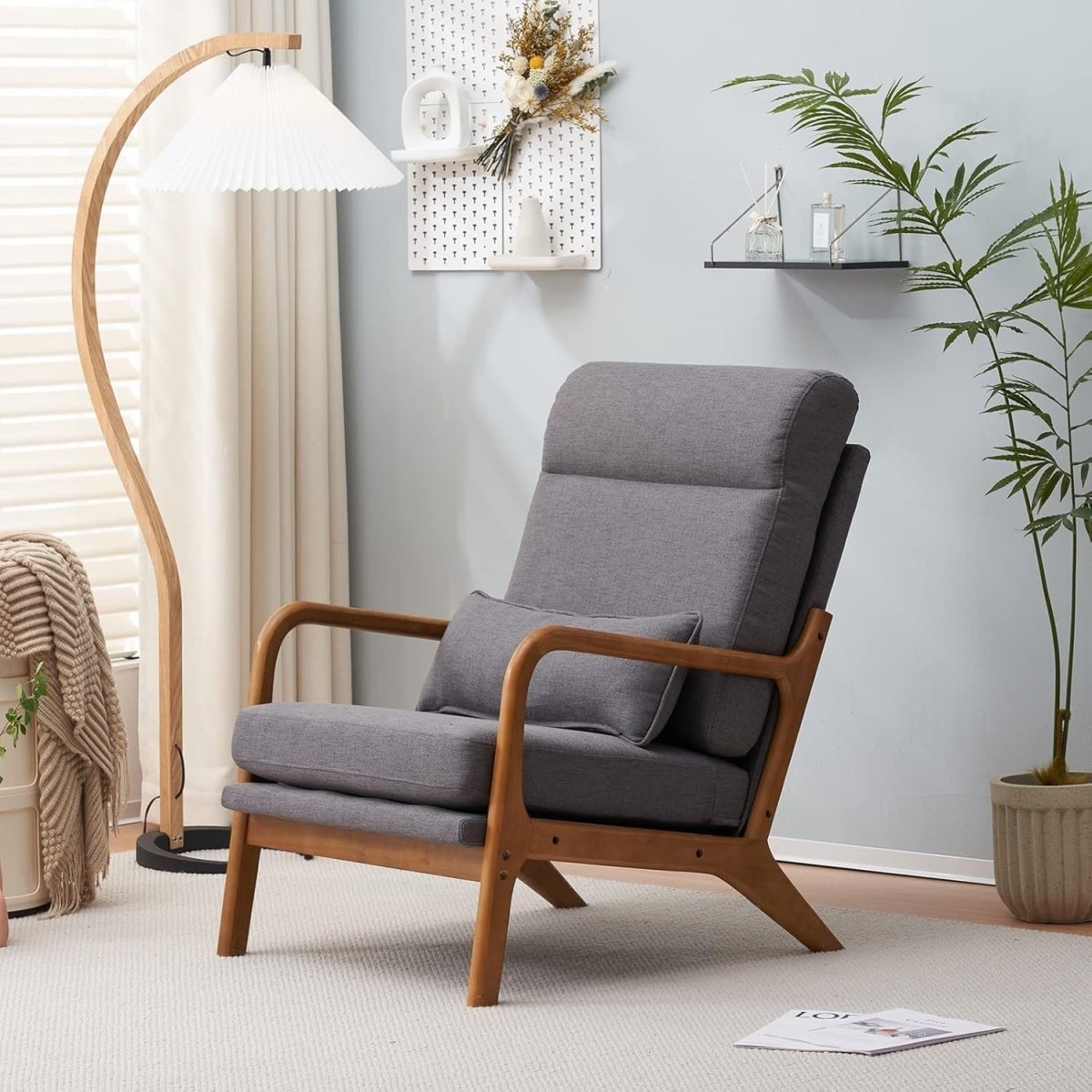 Mid Century High Back Accent Chair Grey Fabric Armchair - Kwikley