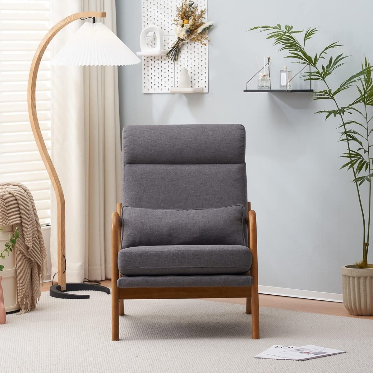 Mid Century High Back Accent Chair Grey Fabric Armchair - Kwikley
