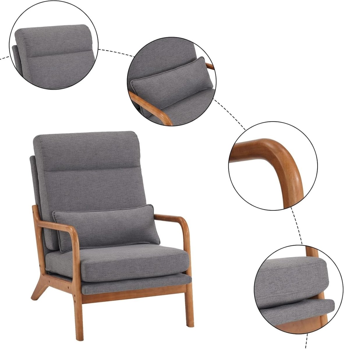 Mid Century High Back Accent Chair Grey Fabric Armchair - Kwikley