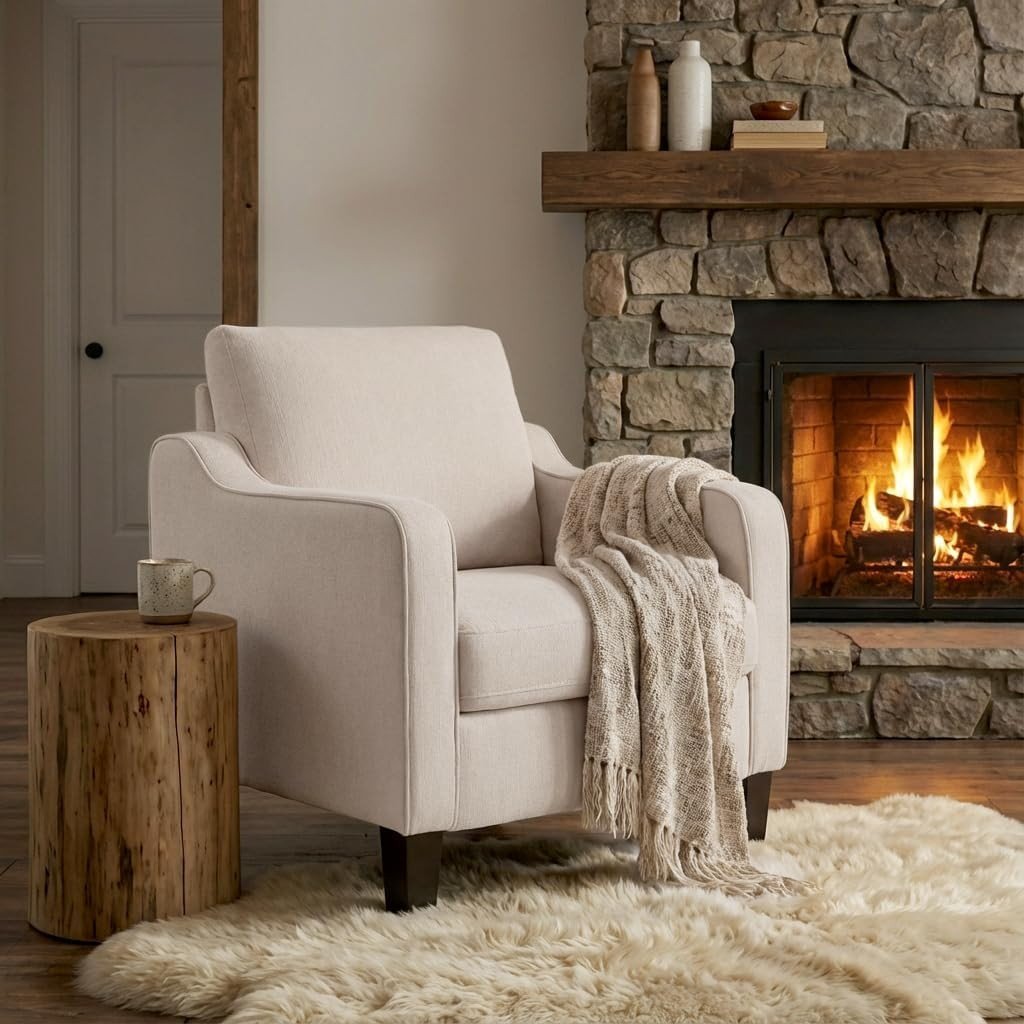 Mid Century Modern Accent Armchair Linen Lounge Chair Beige - Kwikley