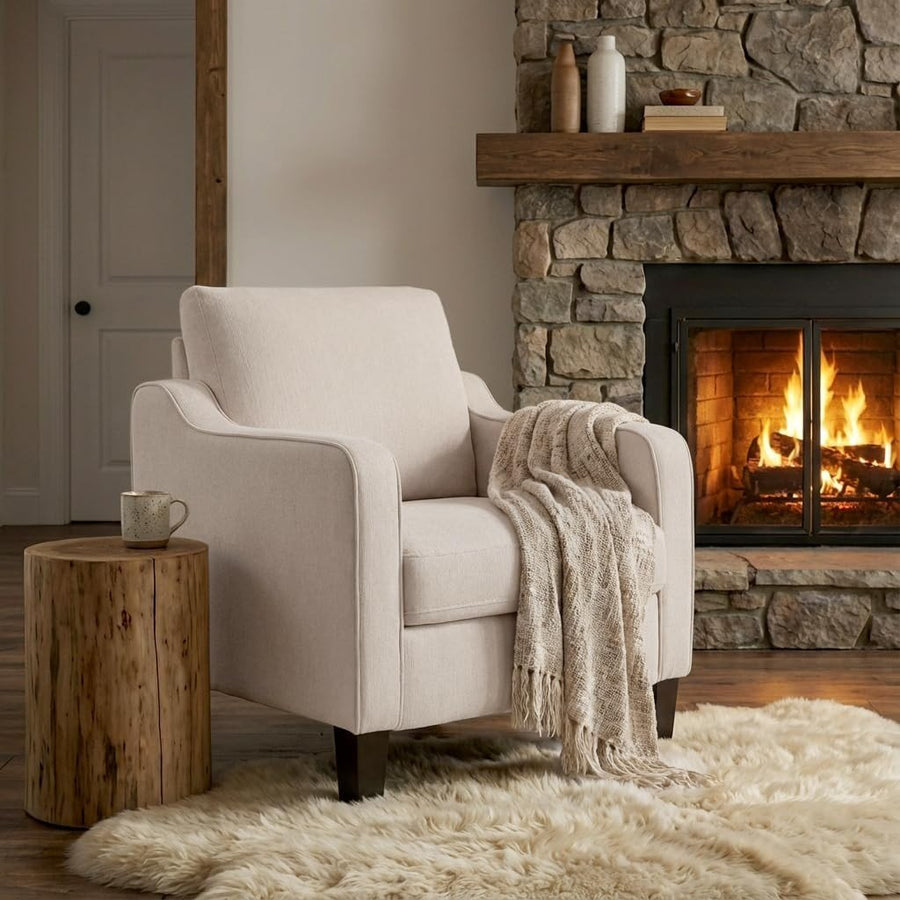 Mid Century Modern Accent Armchair Linen Lounge Chair Beige - Kwikley