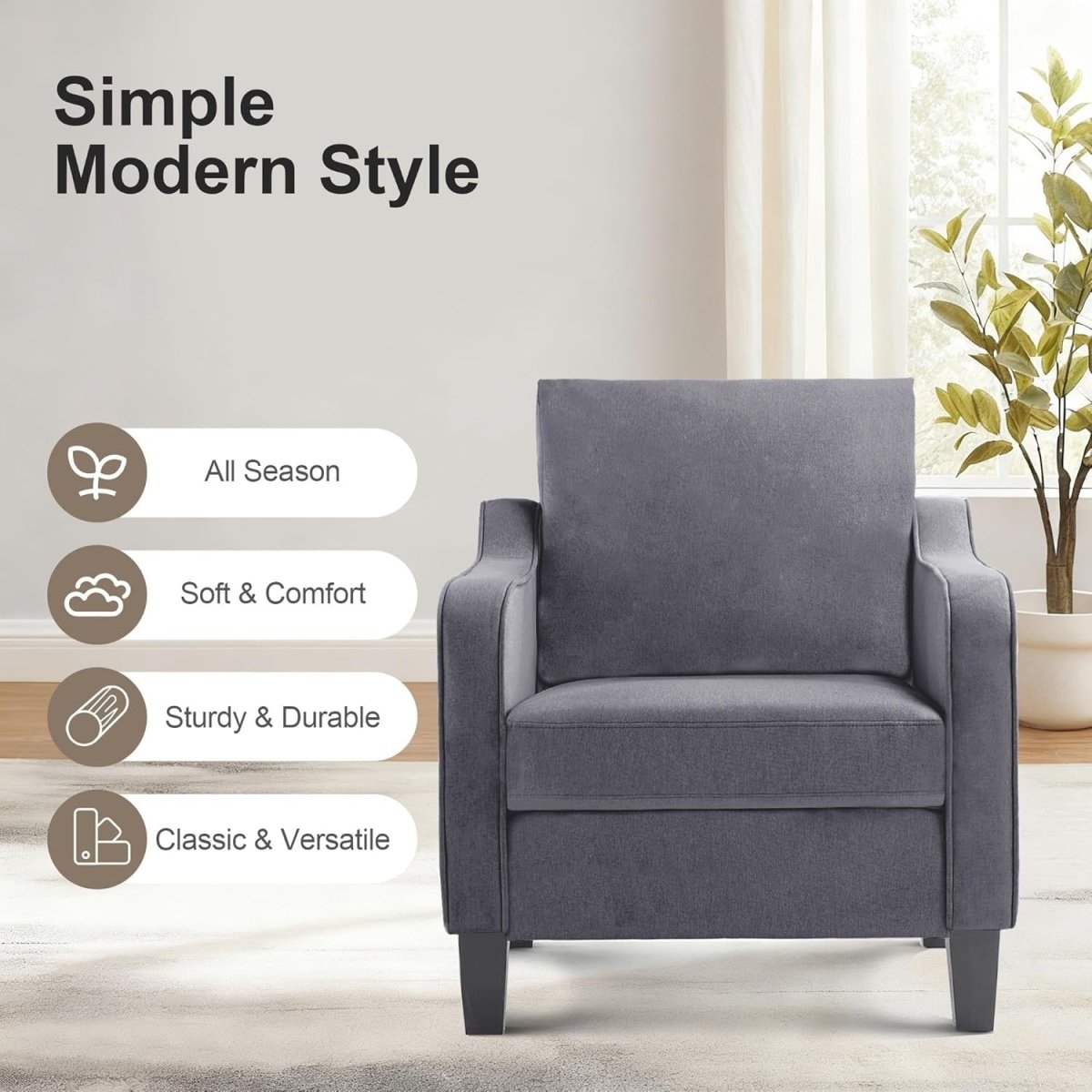 Mid Century Modern Accent Armchair Linen Lounge Chair Dark Grey - Kwikley