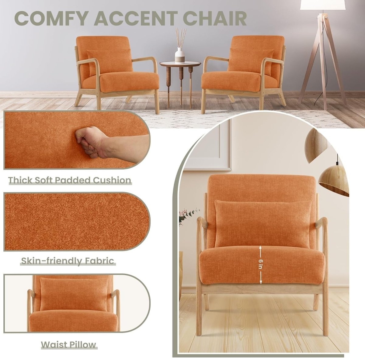Mid Century Modern Accent Armchair with Pillow Orange - Kwikley