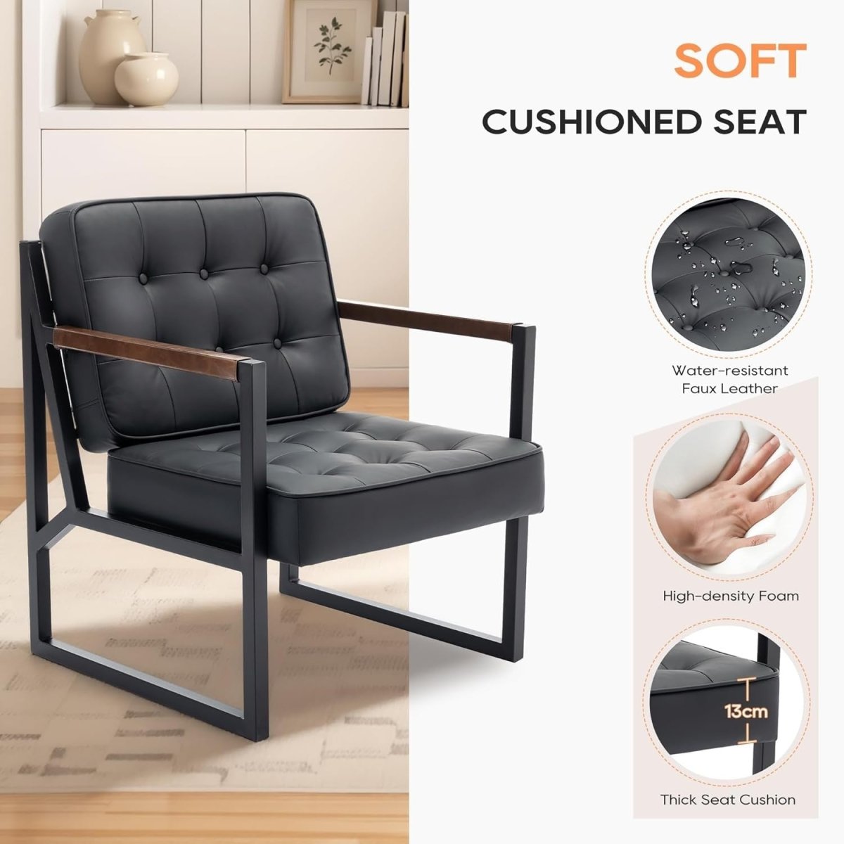 Mid Century Modern Accent Chair Set of 2 – Black Faux Leather Lounge Chairs - Kwikley