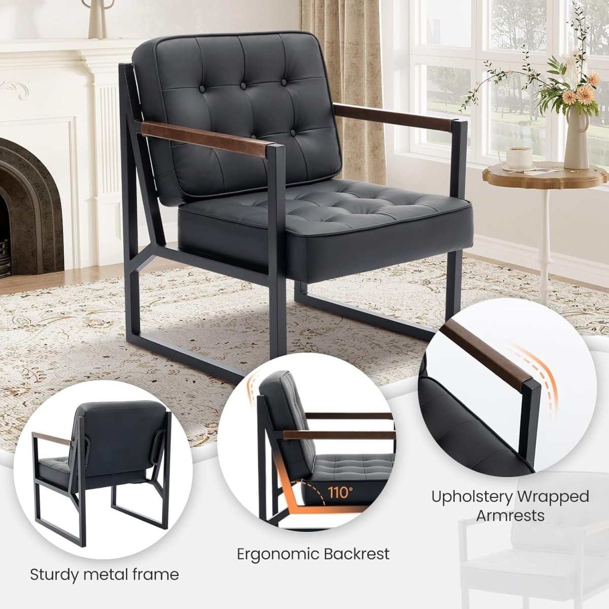Mid Century Modern Accent Chair Set of 2 – Black Faux Leather Lounge Chairs - Kwikley