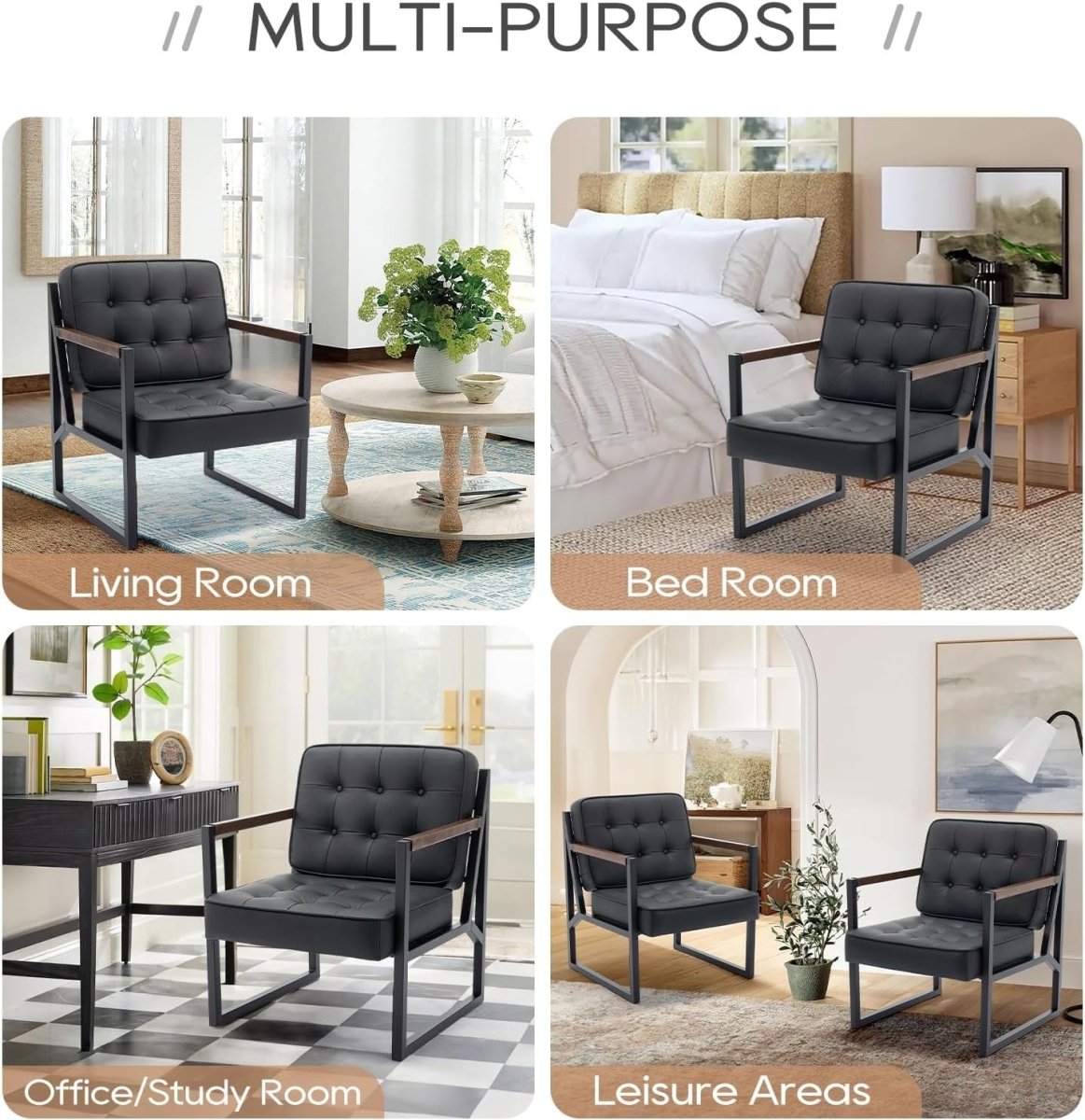Mid Century Modern Accent Chair Set of 2 – Black Faux Leather Lounge Chairs - Kwikley
