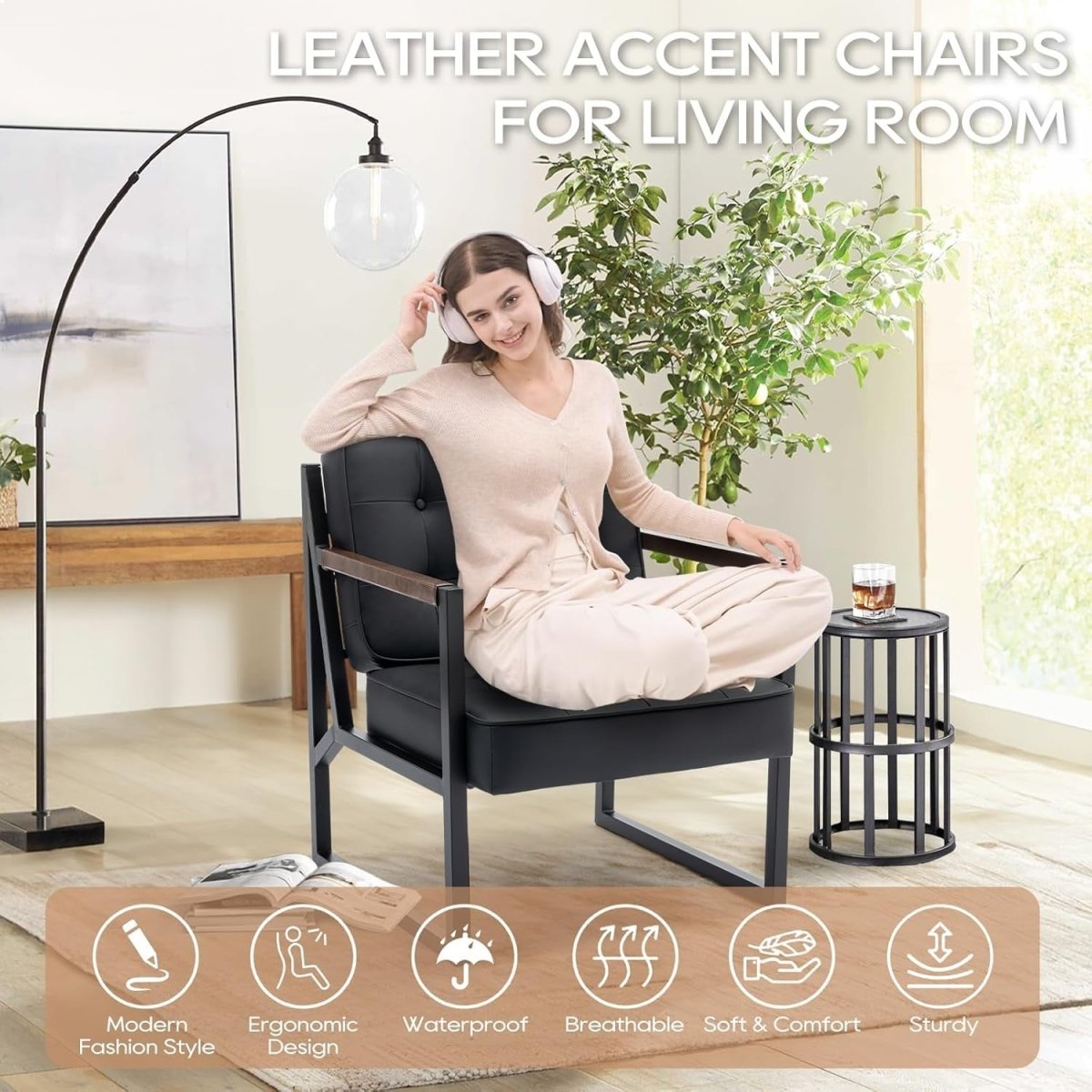 Mid Century Modern Accent Chair Set of 2 – Black Faux Leather Lounge Chairs - Kwikley