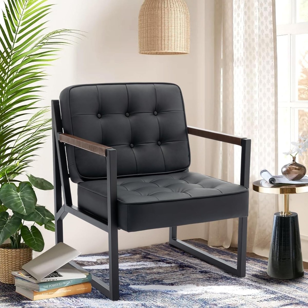 Mid Century Modern Accent Chair Set of 2 – Black Faux Leather Lounge Chairs - Kwikley