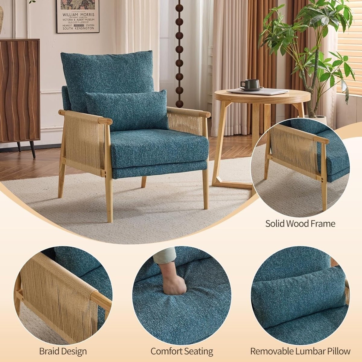 Mid-Century Modern Accent Chair with Cushioned Seat & Solid Wood Armrests - Kwikley