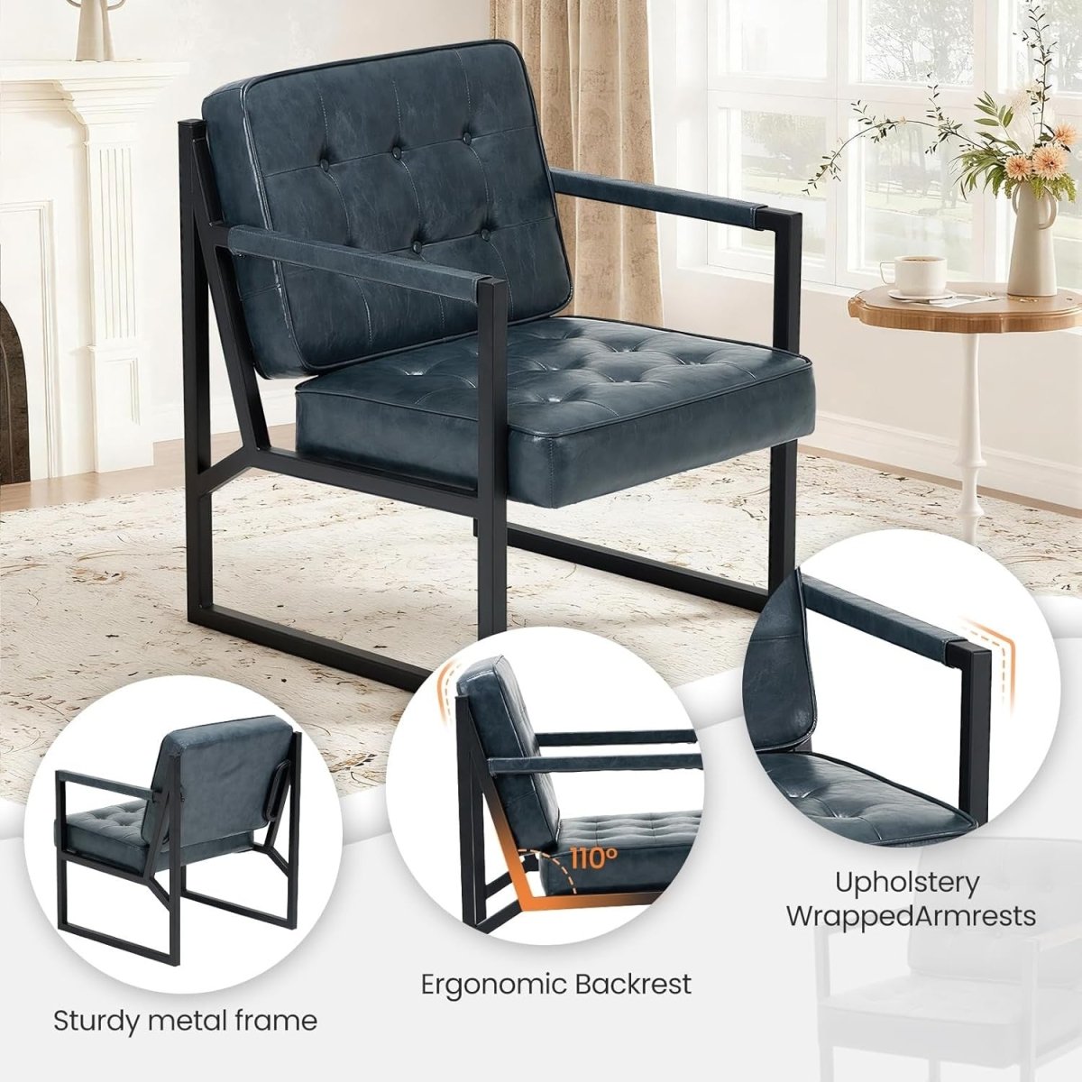 Mid Century Modern Faux Leather Accent Chair Set of 2 – Blue Lounge Armchairs - Kwikley