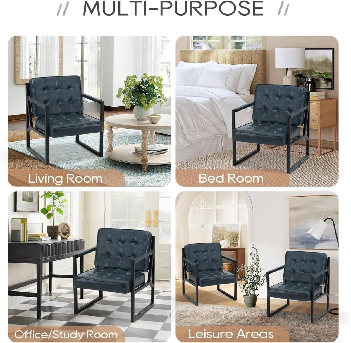 Mid Century Modern Faux Leather Accent Chair Set of 2 – Blue Lounge Armchairs - Kwikley