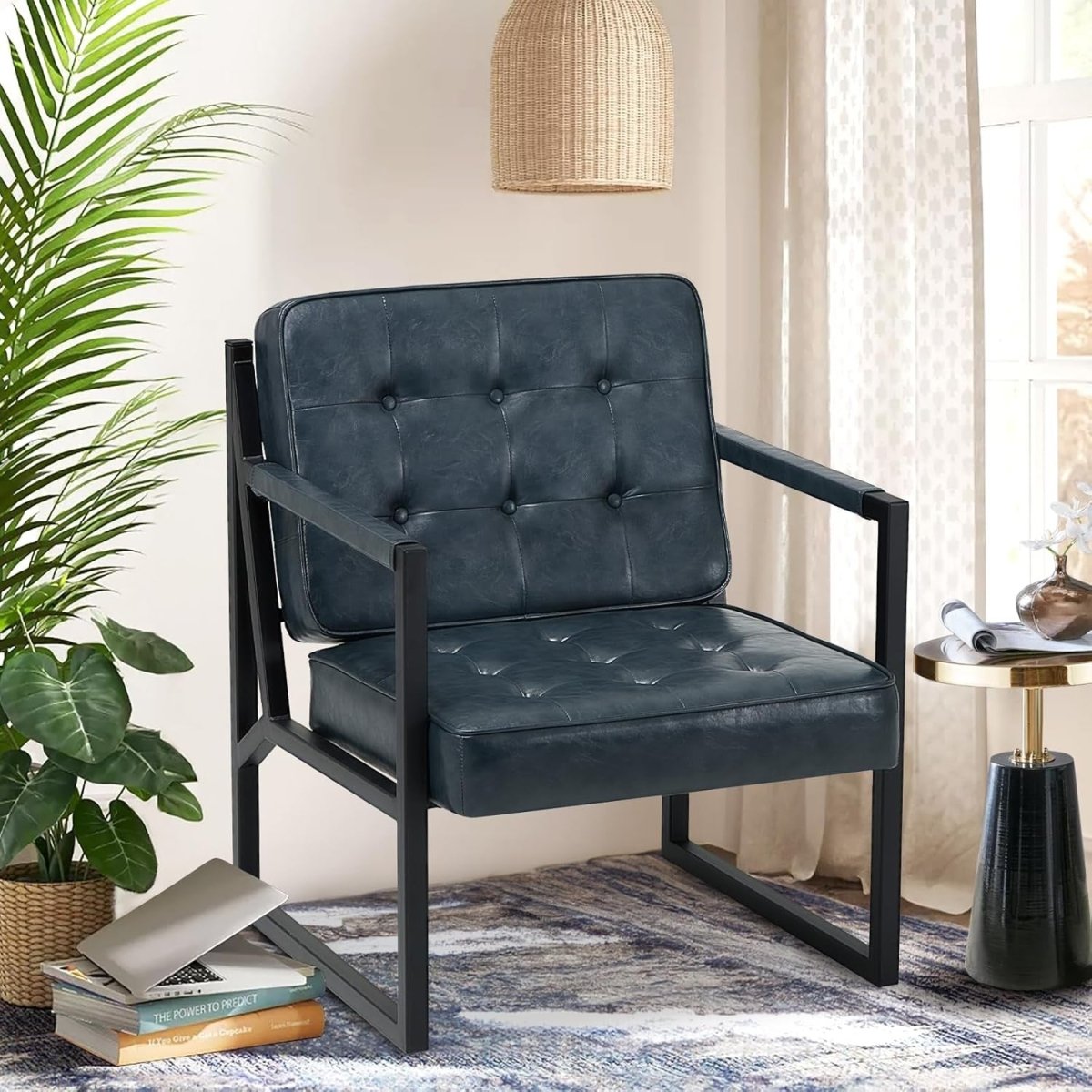 Mid Century Modern Faux Leather Accent Chair Set of 2 – Blue Lounge Armchairs - Kwikley