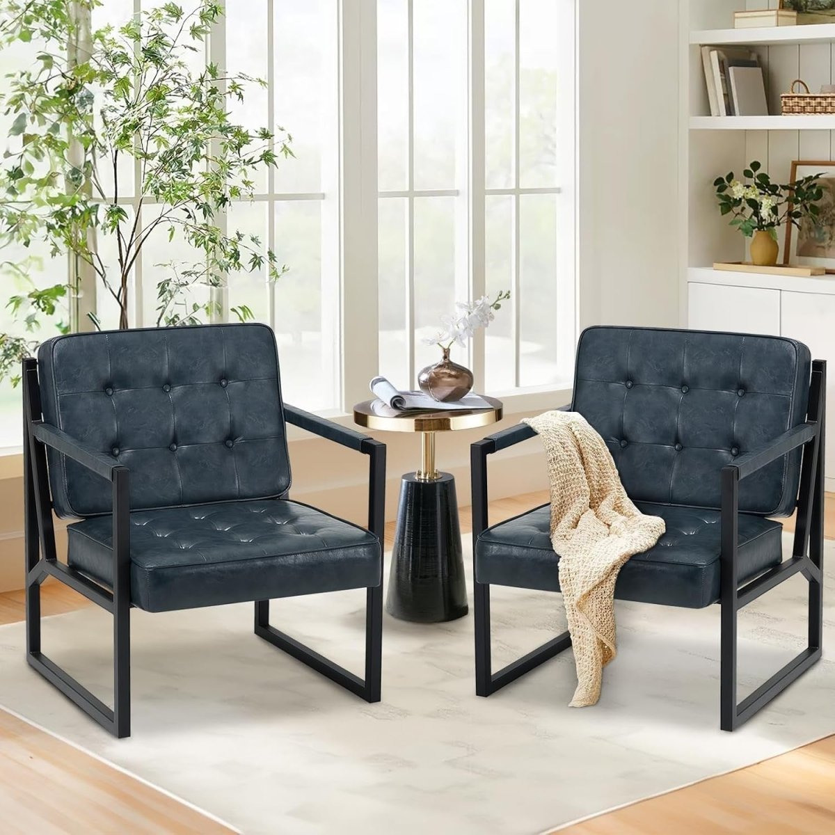 Mid Century Modern Faux Leather Accent Chair Set of 2 – Blue Lounge Armchairs - Kwikley