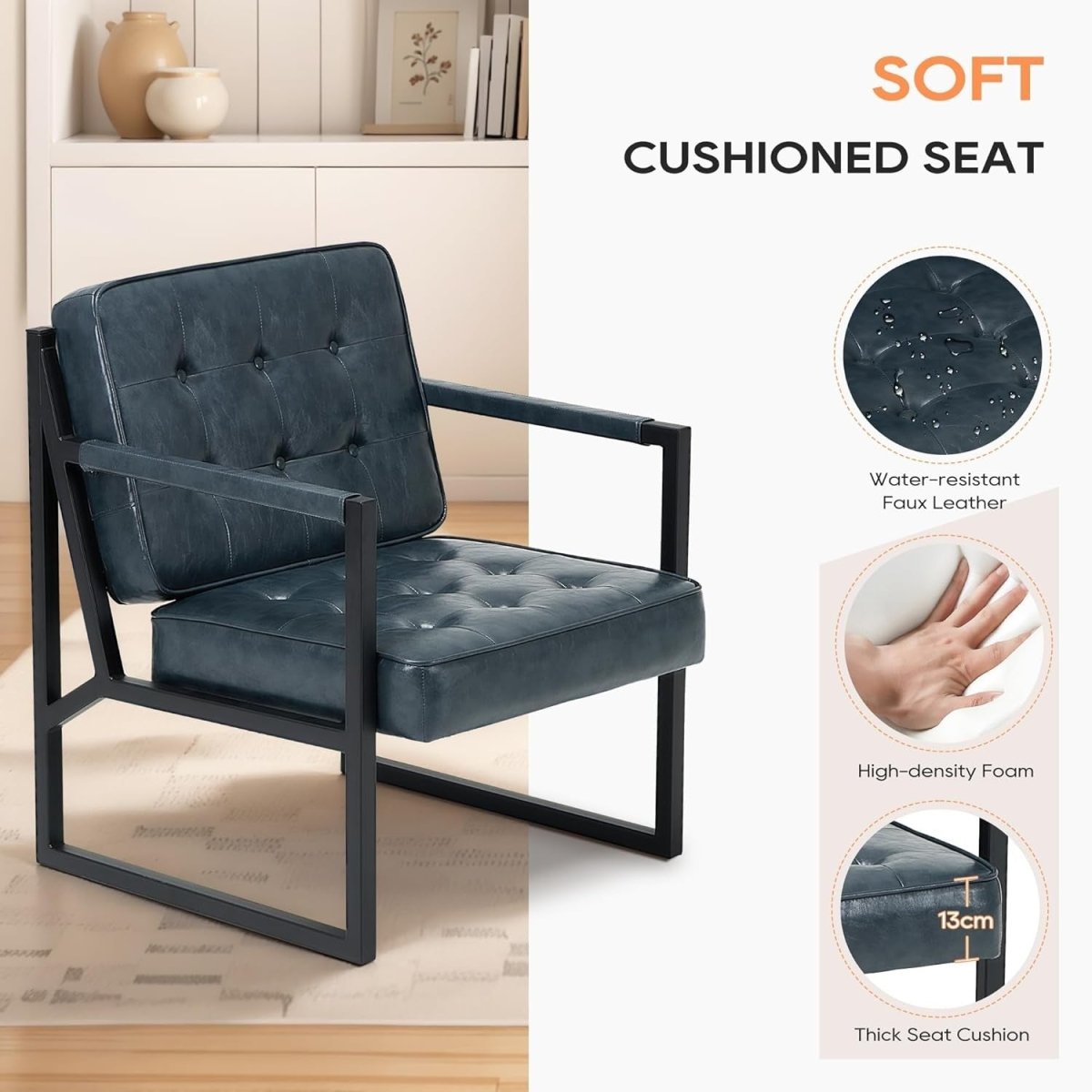 Mid Century Modern Faux Leather Accent Chair Set of 2 – Blue Lounge Armchairs - Kwikley