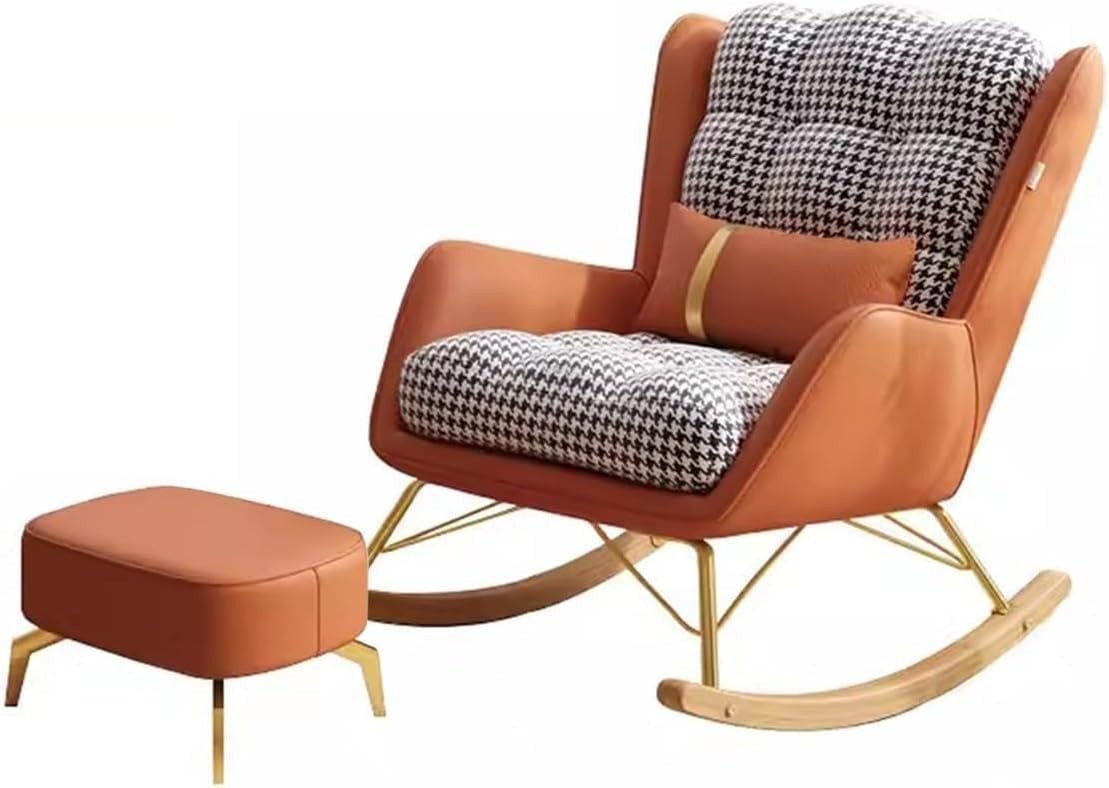Mid - Century Modern Rocking Chair & Ottoman Set with Lumbar Pillow, Recliner - Kwikley