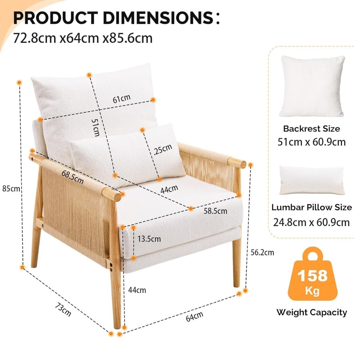 Mid-Century Rattan Accent Chair with Lumbar Pillow, Comfy Armrest - Kwikley