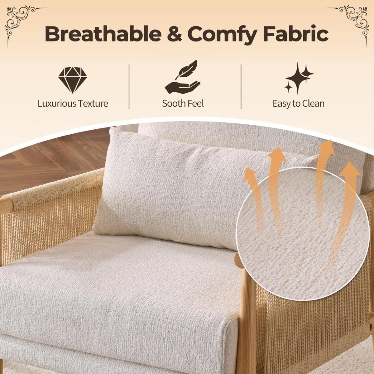 Mid-Century Rattan Accent Chair with Lumbar Pillow, Comfy Armrest - Kwikley