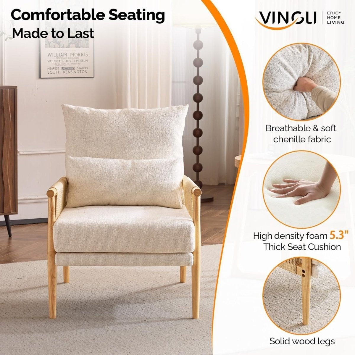 Mid-Century Rattan Accent Chair with Lumbar Pillow, Comfy Armrest - Kwikley