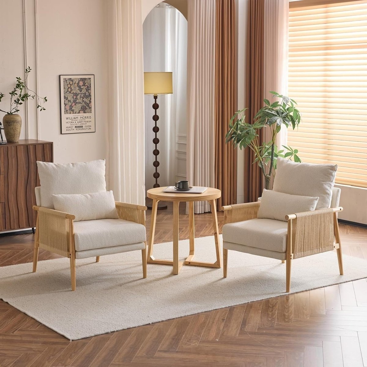 Mid-Century Rattan Accent Chair with Lumbar Pillow, Comfy Armrest - Kwikley