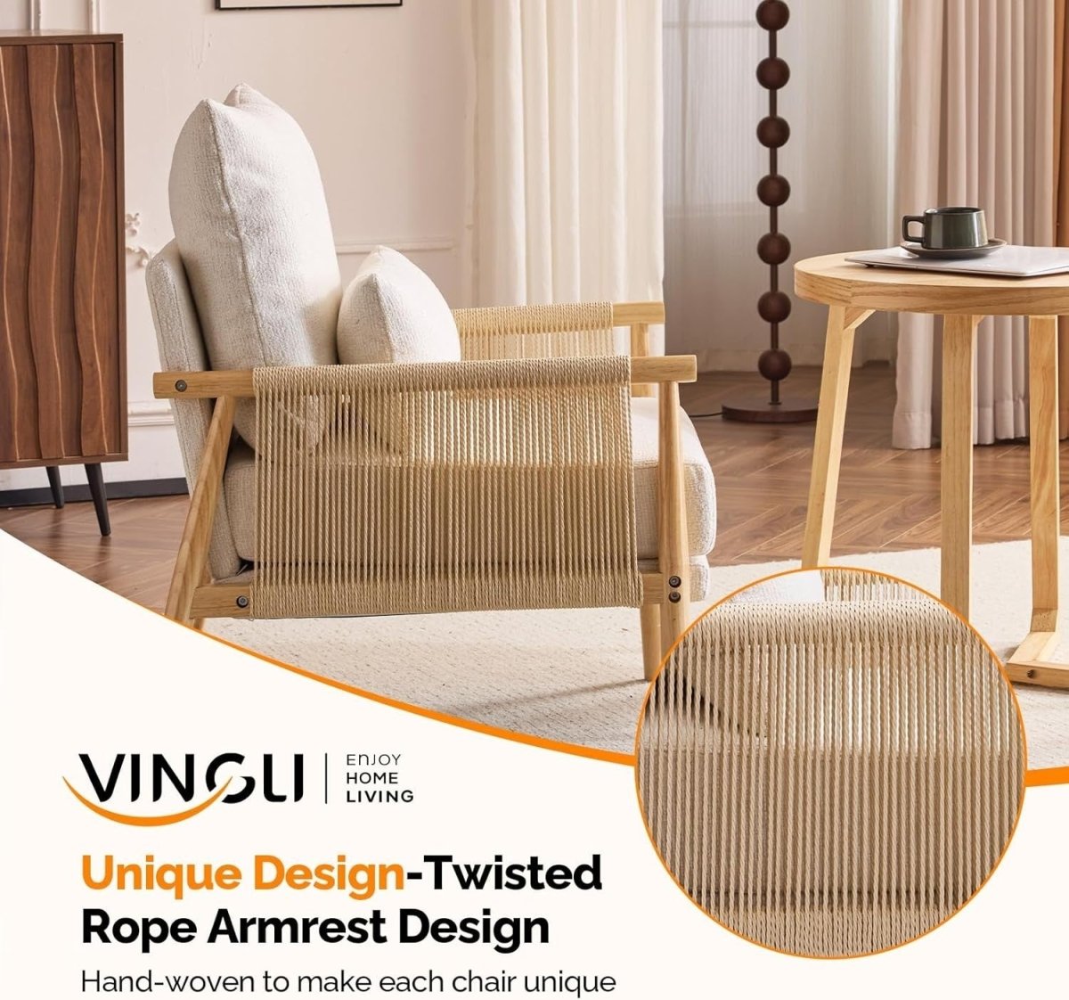 Mid-Century Rattan Accent Chair with Lumbar Pillow, Comfy Armrest - Kwikley