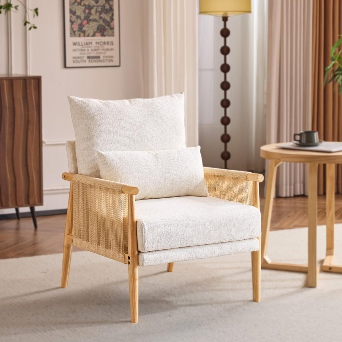 Mid-Century Rattan Accent Chair with Lumbar Pillow, Comfy Armrest - Kwikley