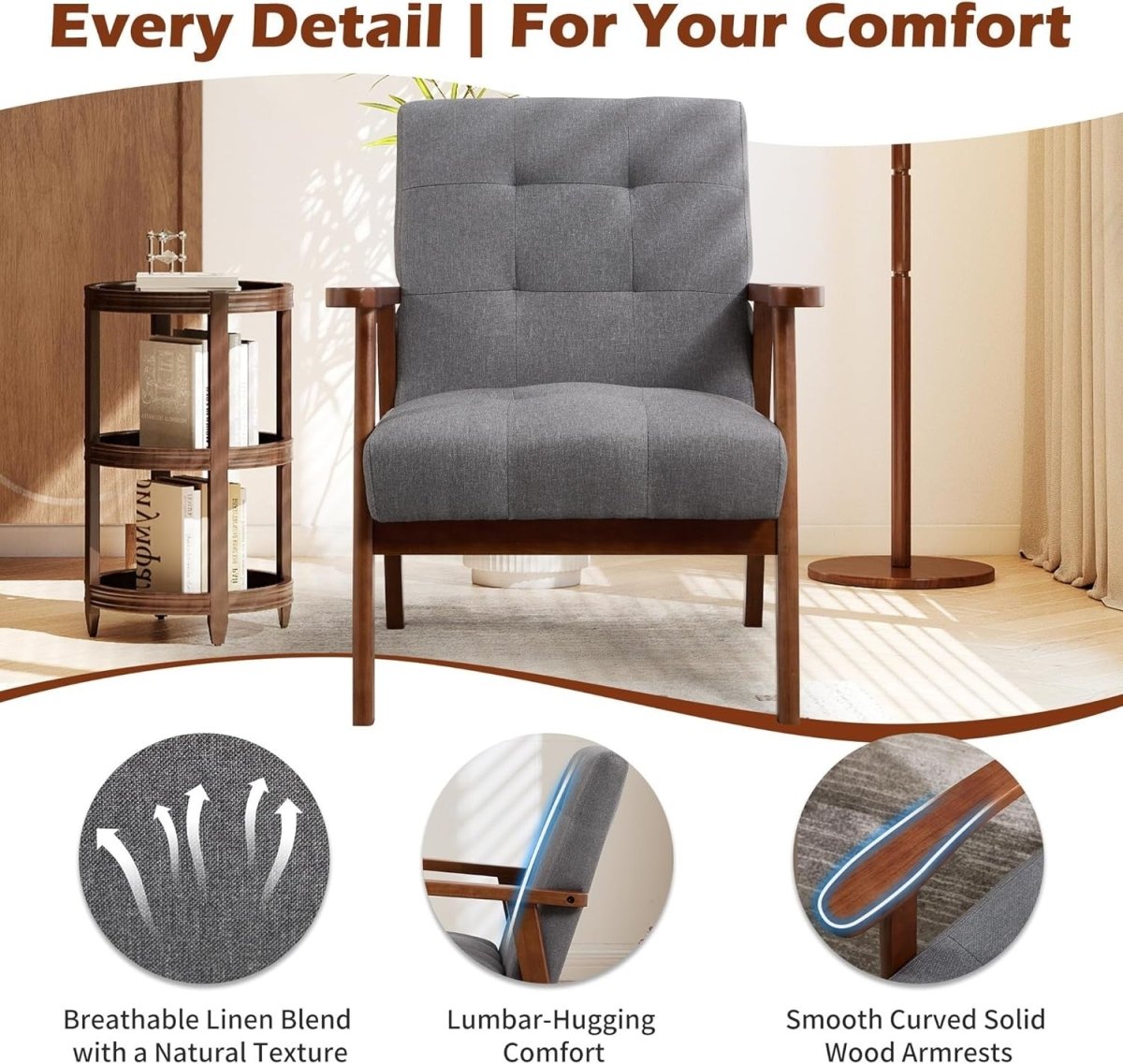 Mid‑Century Linen Accent Chair Set of 2 – Solid Wood Lounge Armchairs Light Grey - Kwikley