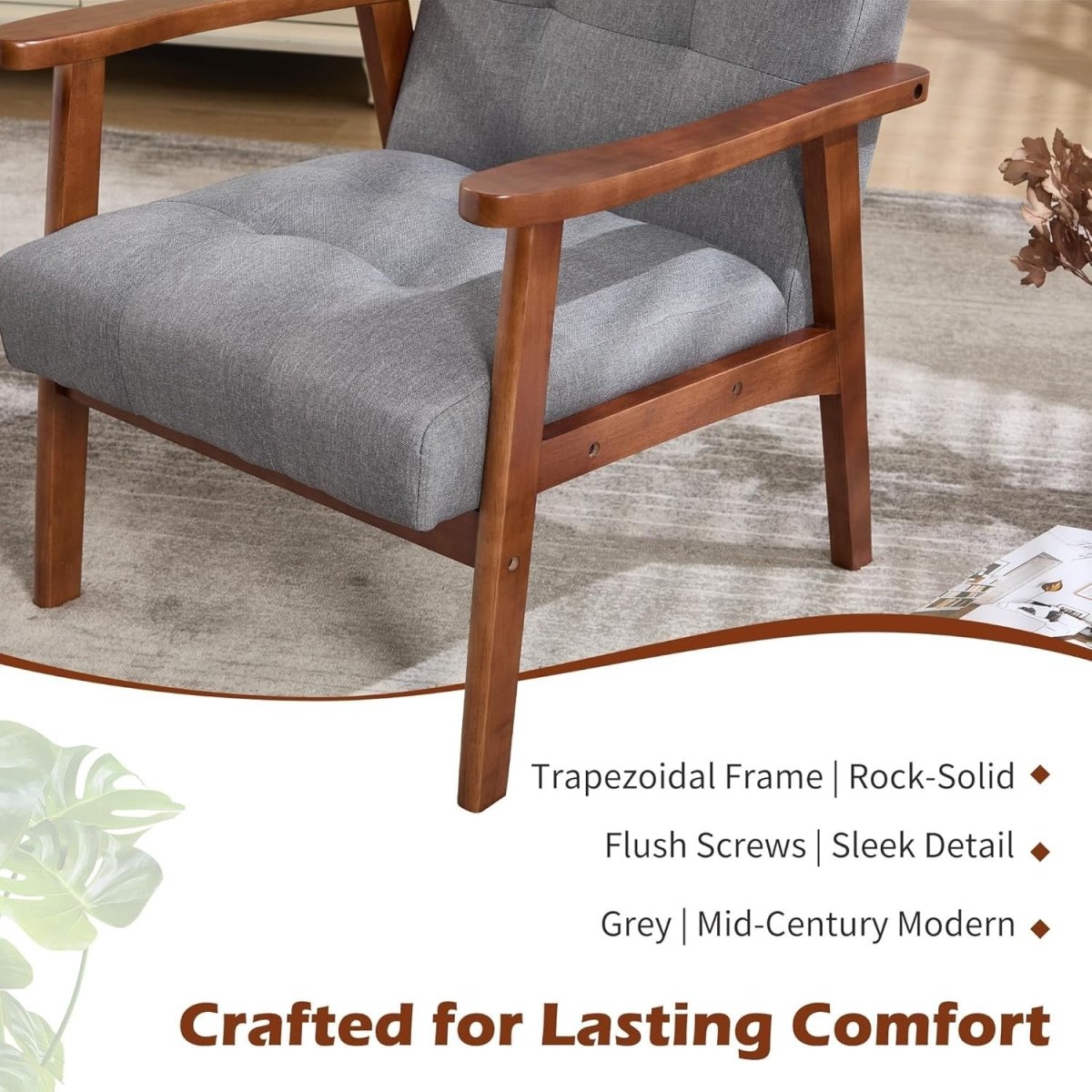 Mid‑Century Linen Accent Chair Set of 2 – Solid Wood Lounge Armchairs Light Grey - Kwikley