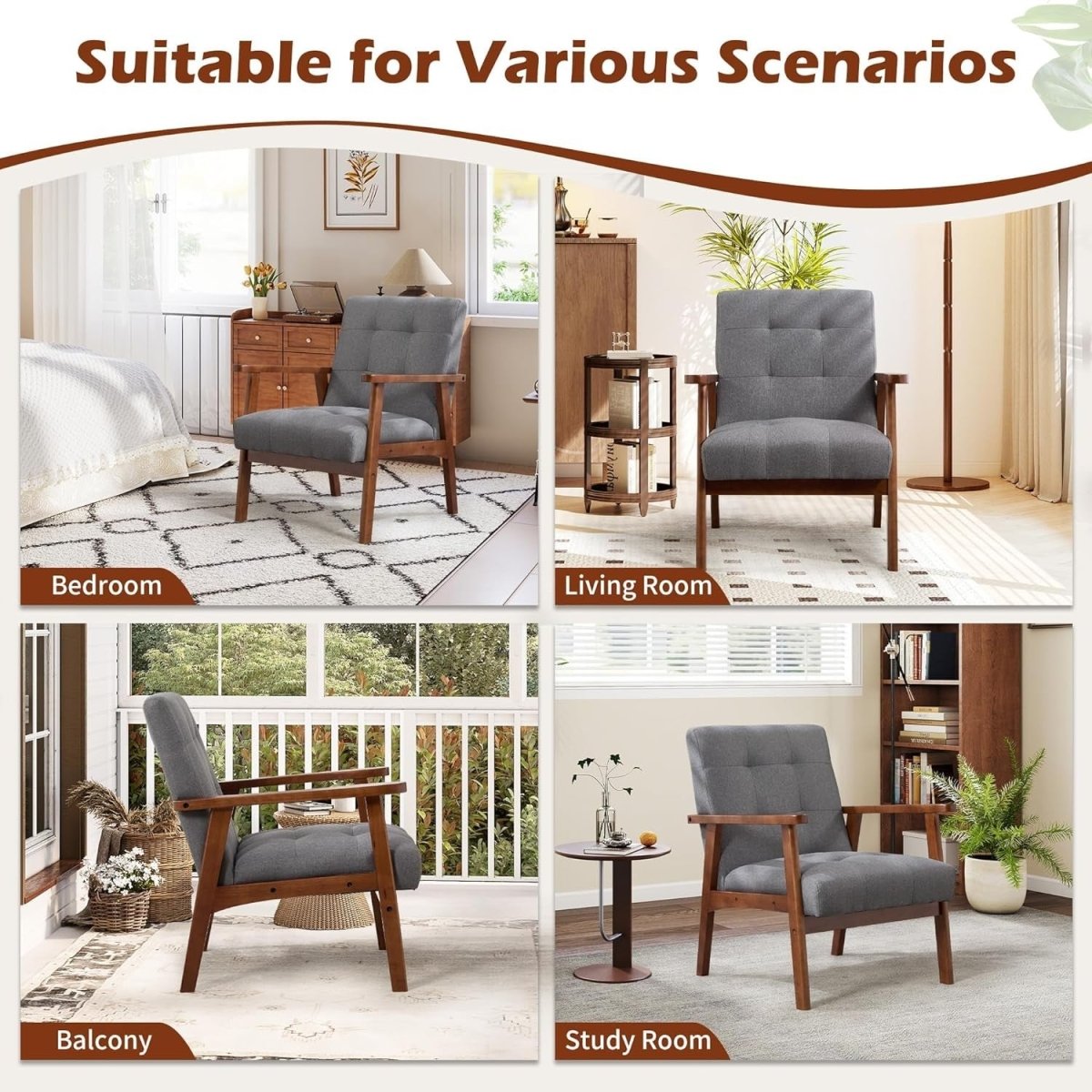 Mid‑Century Linen Accent Chair Set of 2 – Solid Wood Lounge Armchairs Light Grey - Kwikley