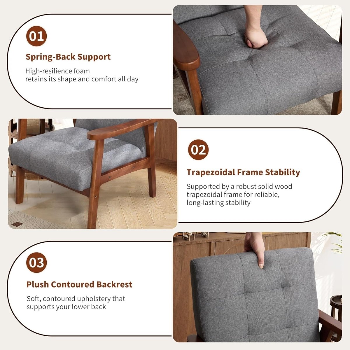 Mid‑Century Linen Accent Chair Set of 2 – Solid Wood Lounge Armchairs Light Grey - Kwikley