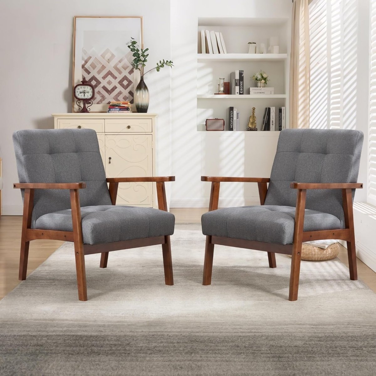 Mid‑Century Linen Accent Chair Set of 2 – Solid Wood Lounge Armchairs Light Grey - Kwikley